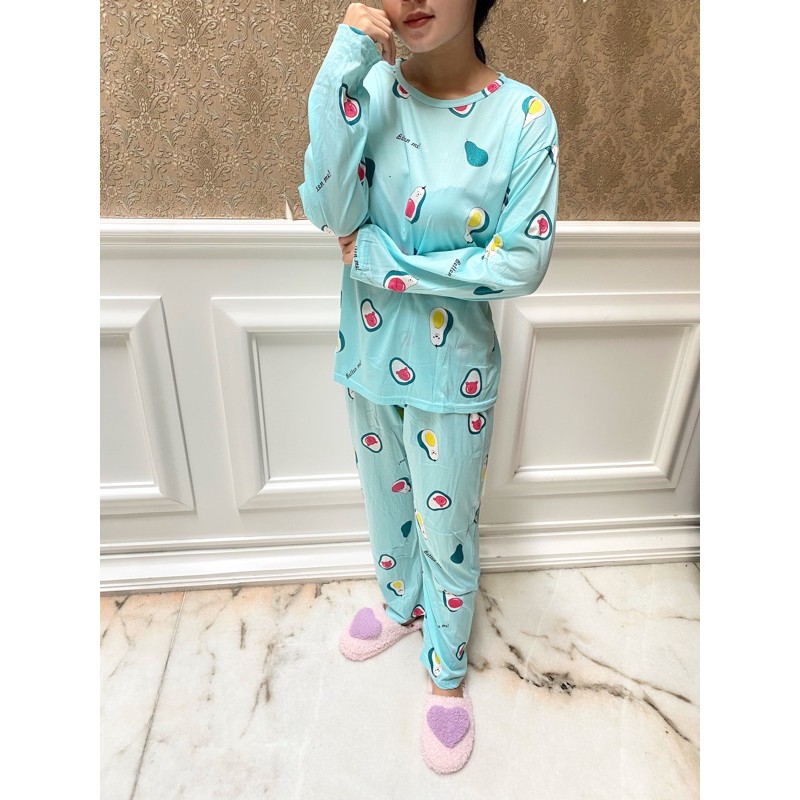Setelan Lengan Panjang Piyama Baju Tidur Wanita Kartun Karakter Pajamas Dewasa-SET PJG avocado