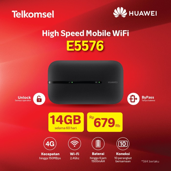 Mifi Modem Wifi 4G Huawei E5573 Free Telkomsel 14GB