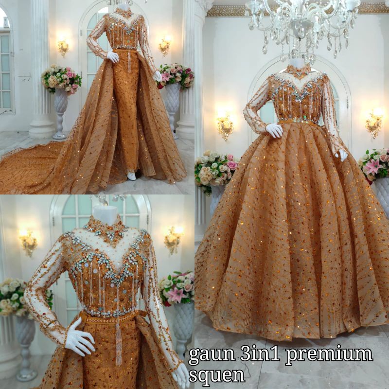 NEW GAUN 3IN.1 SUPER PREMIUM/GAUN SEQIIN CRONOLIN  PENGANTEN 3 IN 1  /BAJU PENGANTIN CRINOLIN MODEL TERBARU/GAUN SLIM DRESS/GAUN MODREN /GAUN PENGANTIN BEREKOR/WEDDING DRESS