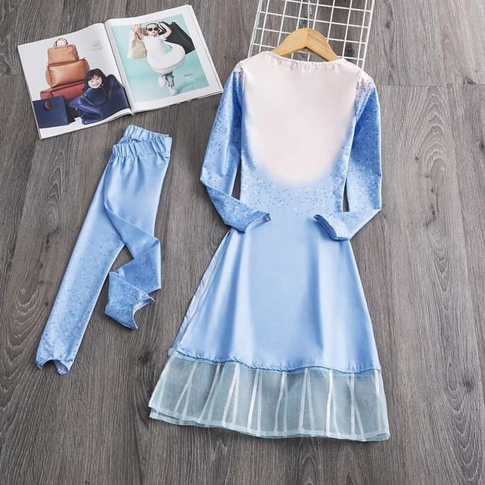 Baju Frozen 2 Anak Perempuan Stelan Elsa Ratu Gaun Celana Panjang Set Cosplay Costume Lengan Panjang