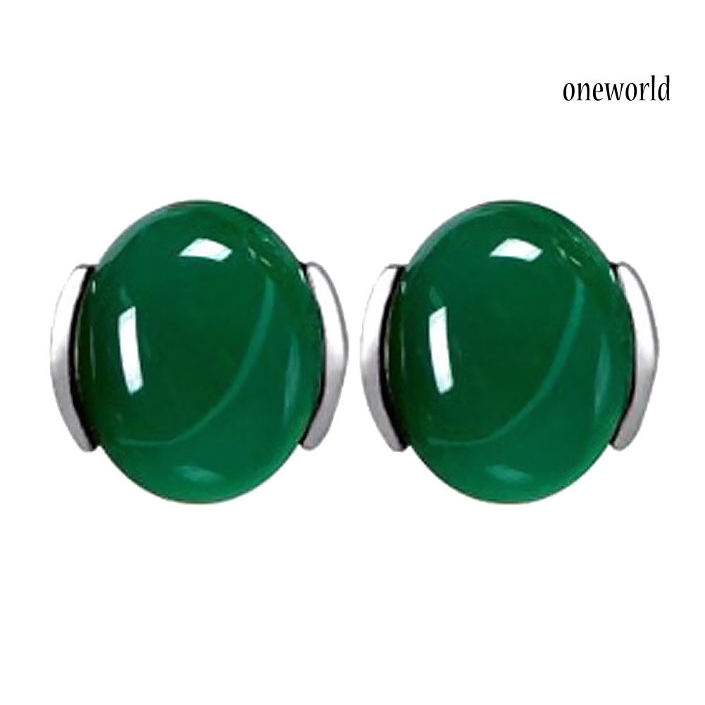 OW@ Fashion Women Natural Green Agate Stone Inlaid Plated Stud Earrings Jewelry Gift