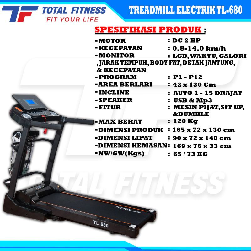 Treadmill elektrik TL 680 alat olahraga lari fitness dan gym