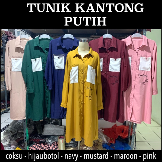 TUNIK KANTONG PUTIH - JUMBO XXL KATUN POLOS BUSUI KANCING SYAKILLA  LD110 MURAH GROSIR MUSLIM