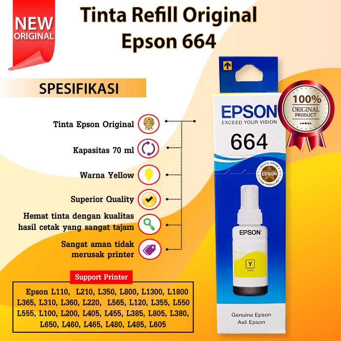 Tinta Epson 664 T664 Original, Tinta Printer L110 L120 L210 L220 L300 L310 L350 L355 L360 L455 L550