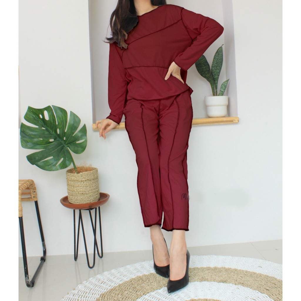 One set terbalik stelan oversize tshirt longsleeve kulot pants fashion terbaru wanita-Maroon
