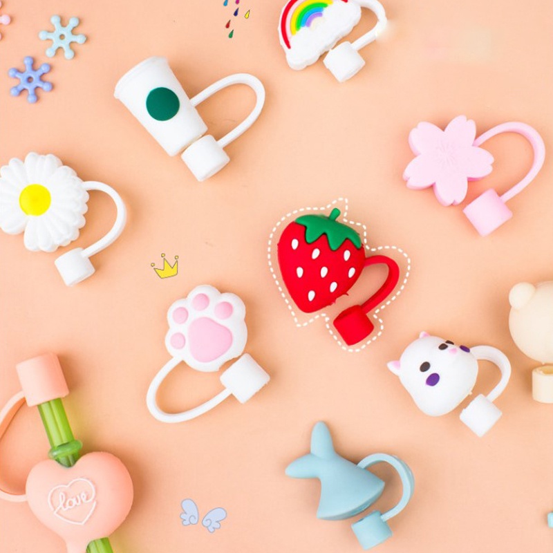 Tutup Sedotan Universal Anti Debu Reusable Bentuk Bunga Daisy/Strawberry/Telapak Hewan Bahan Silikon