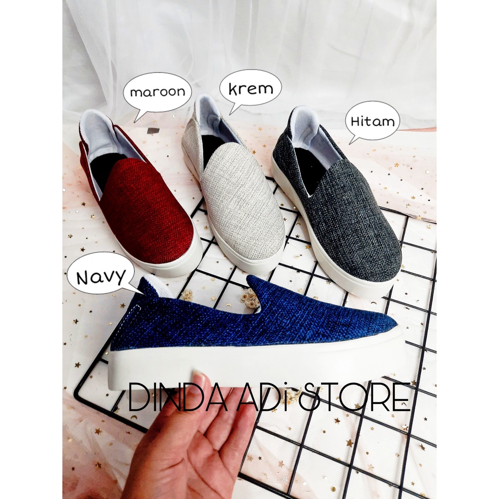 Dinda Sepatu Wanita Slip On Jingle Bahan Import Woll Premium Warna Biru Hitam Merah Dan Krem Ukuran 36-40