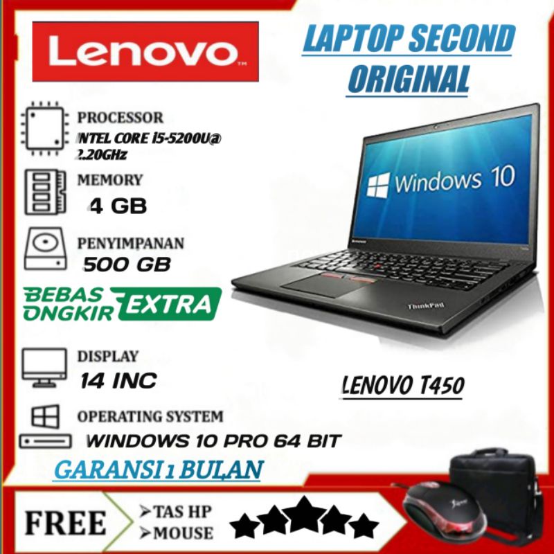 LENOVO THINKPAD T450 i5-5200u RAM 4GB HDD 500GB BERGARANSI