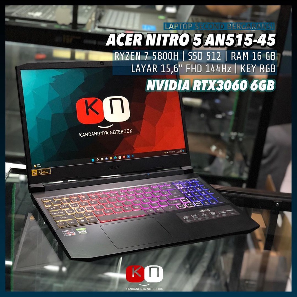 Acer Nitro 5 AN515 45 RYZEN 7 5800H RTX3060 6GB 16GB 512GB SSD Layar 15.6 IPS FHD 144Hz