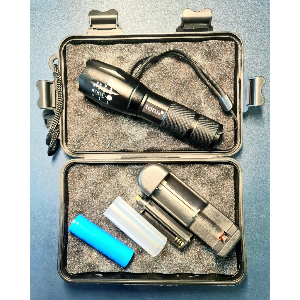 Paket hemat senter led E17 T6 + charger + 18650 batery berkualitas + BOX tactical