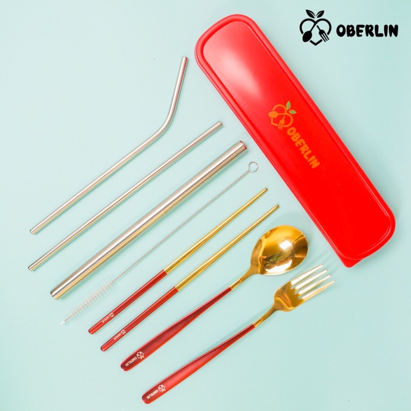 sendok korea set golden red + sedotan stainless set