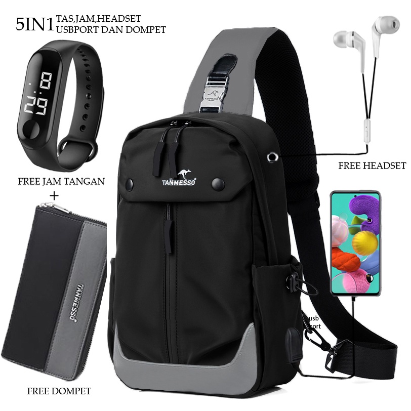 TANMESSO 5IN1 BAYAR DITEMPAT-BONUS JAM LED,DOMPET &amp; USBPORT&amp;HEADSET-tas selempang waterproof