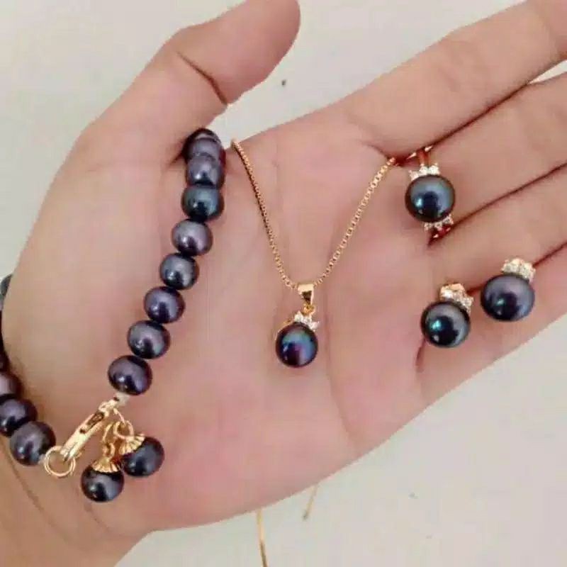 set perhiasan mutiara asli lombok set rhodium mutiara tawar
