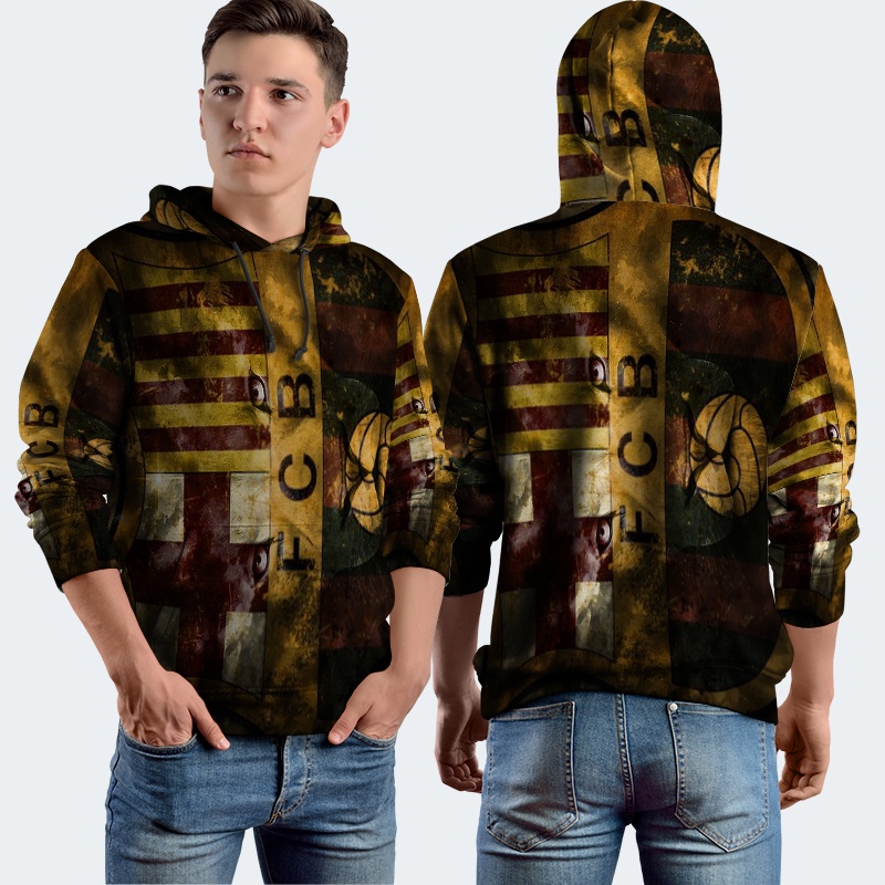 Jaket Hoodie Fullprint Barcelona FCB Bahan Polyester Jersey