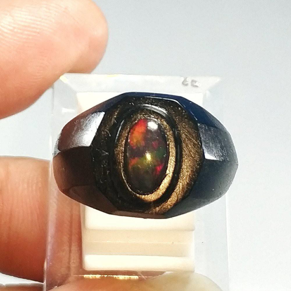 CINCIN BATU AKIK PERMATA NATURAL KALIMAYA BANTEN KRISTAL BLACK OPAL RING TANDUK