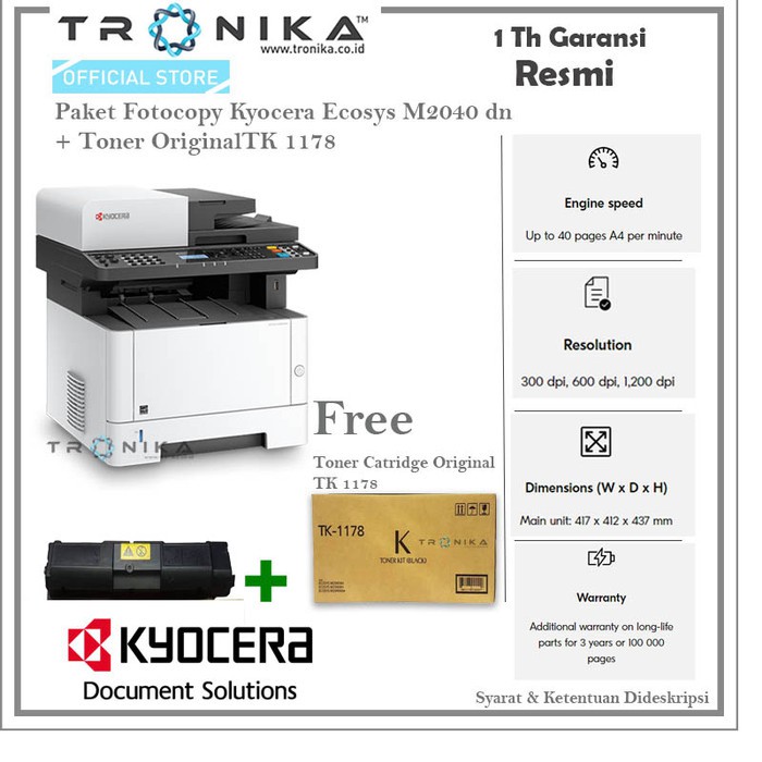 PAKET MESIN FOTOCOPY | KYOCERA M2040DN + CARTRIDGE TONER TK-1178 | ORIGINAL | GARANSI RESMI