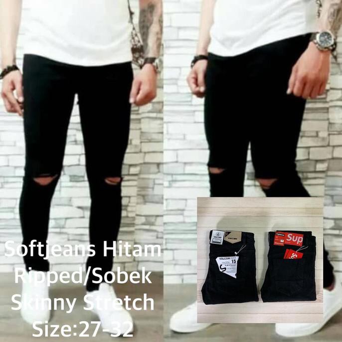 Grosir Celana Jeans Ripped Sobek Pria Skinny Stretch Hitam