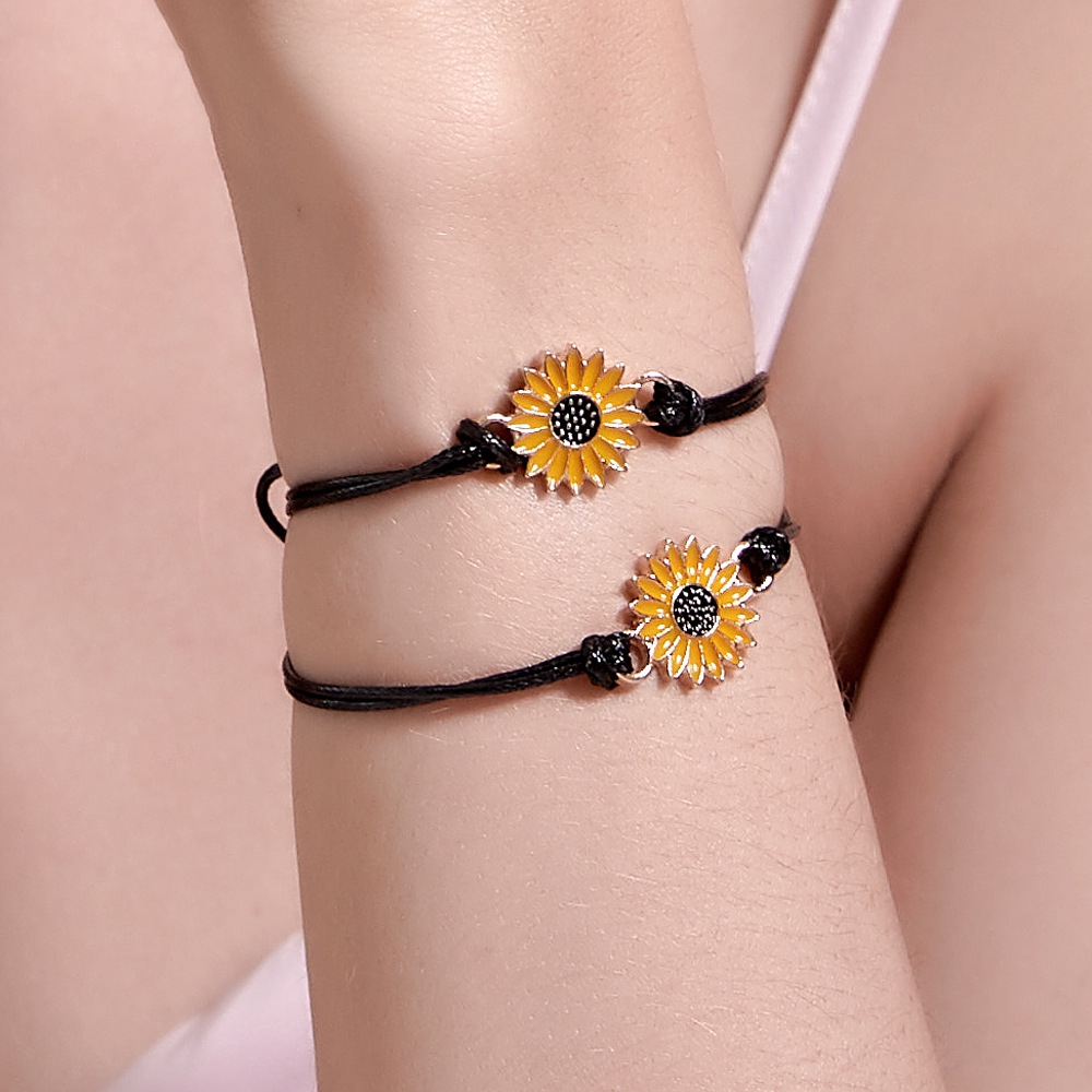 Gelang Benang Lilin Daisy Kecil Yang Manis Sederhana Retro Bunga Matahari Wanita Gelang Set Perhiasan Pasangan Busana Yang Bisa Disesuaikan