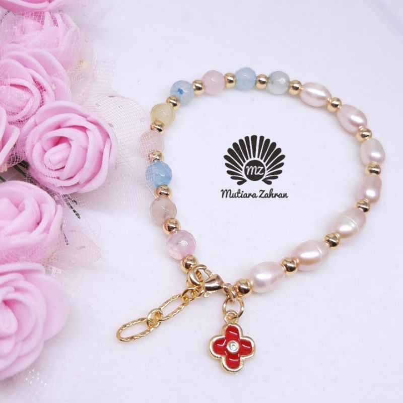 Gelang Soft Pink Oval Mix Batu Agate// Gelang Mutiara Lombok