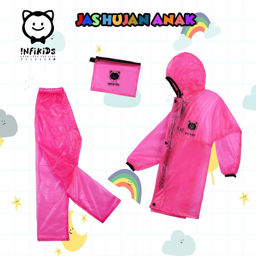 Jas Hujan Anak Tanggung Setelan Atasan Jaket Celana Karakter 7, 8, 9, 10 Tahun Elmondo Kid Pink