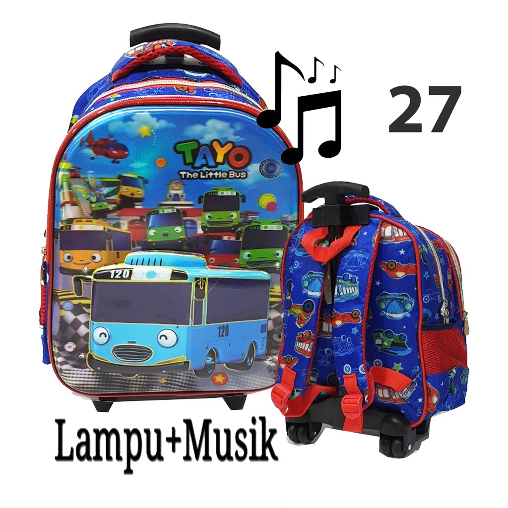 Tas Anak Sekolah TK Trolley Dorong LAMPU + Musik Gambar Anak Laki Laki dan Perempuan Timbul Import