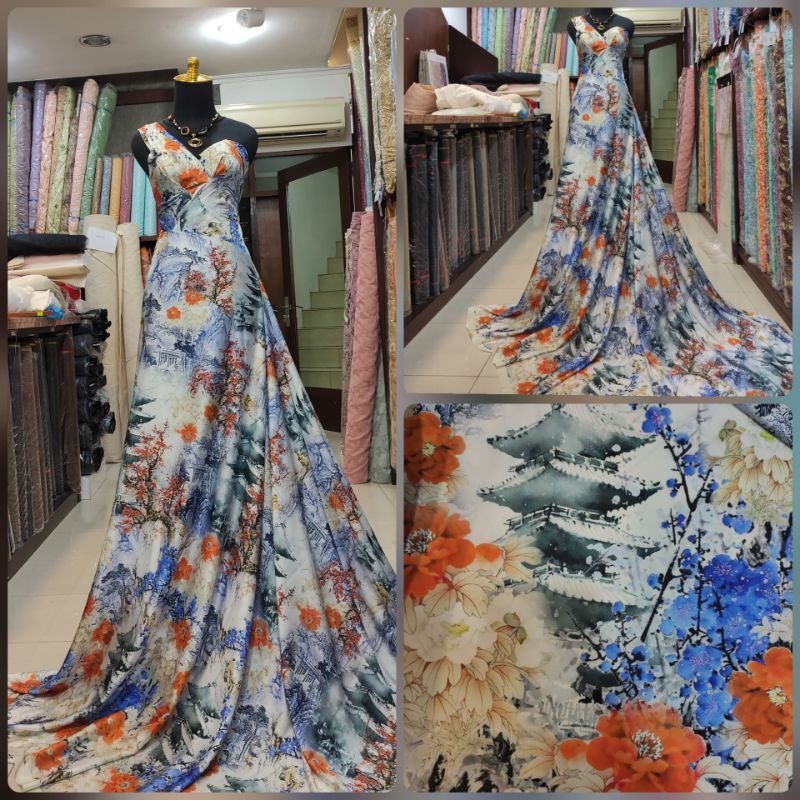 Kain Silk Sutra Motif Jepang Sakura Kyoto