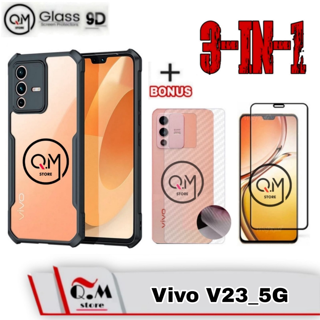 Paket 3 In1 Case Vivo V23 5G Softcase Transparan Pelindung Back Cover Bonus Tempered Glass Layar + Garskin