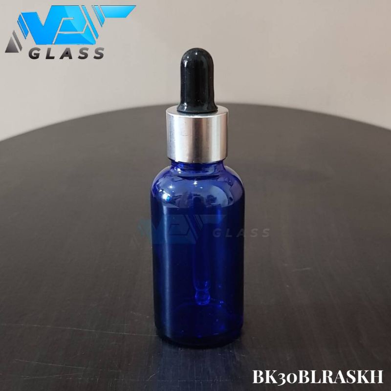 botol kaca pipet 30ml tebal biru - ring almunium silver