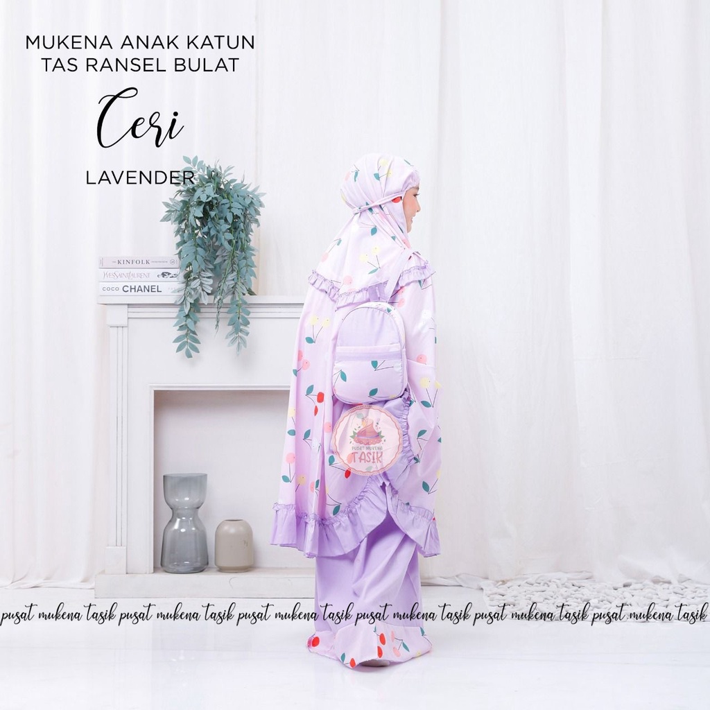 PUSAT MUKENA TASIK - MUKENA ANAK KATUN TAS BULAT MOTIF CERI LAVENDER