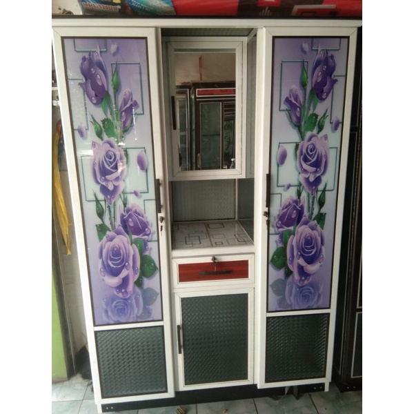 Lemari Baju Kaca 3 Pintu / Lemari Baju Motif Bunga / Lemari Baju Cermin Rias