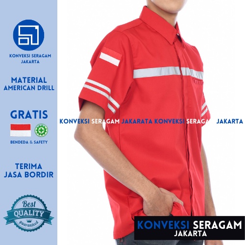 Baju Kemeja Safety K3 Lengan Pendek - Seragam Kerja Atasan Wearpack Werpack Werpak Proyek Tambang Warna Merah Pria Wanita - Konveksi Seragam Jakarta