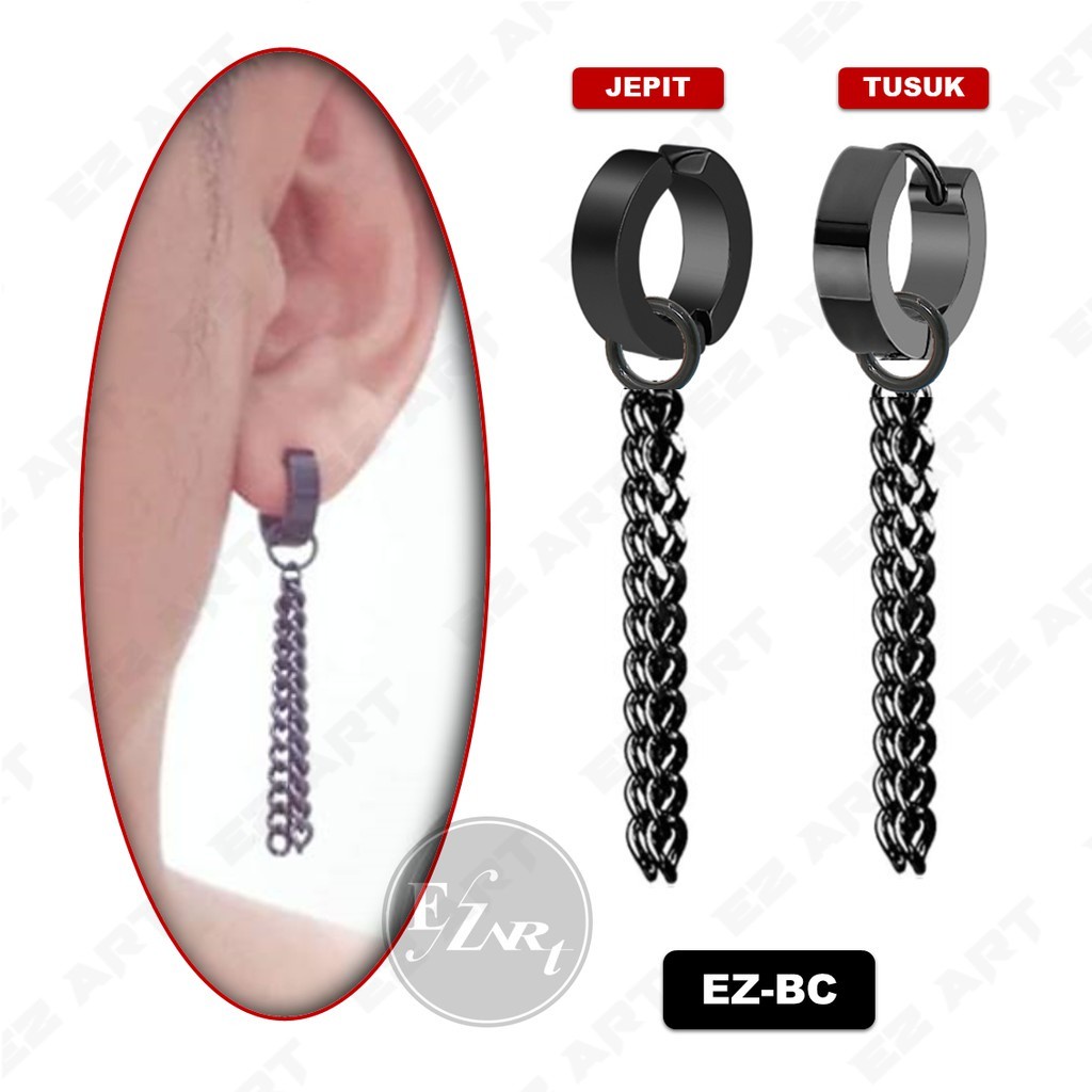 1Pc Model EZ-BC Black Hitam Anting Pria Wanita Jepit Tusuk Variasi Bandul