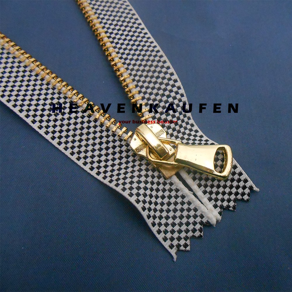 Resleting Zipper 15 cm Kain Motif Kotak Catur Gigi Gold Harga Per Biji
