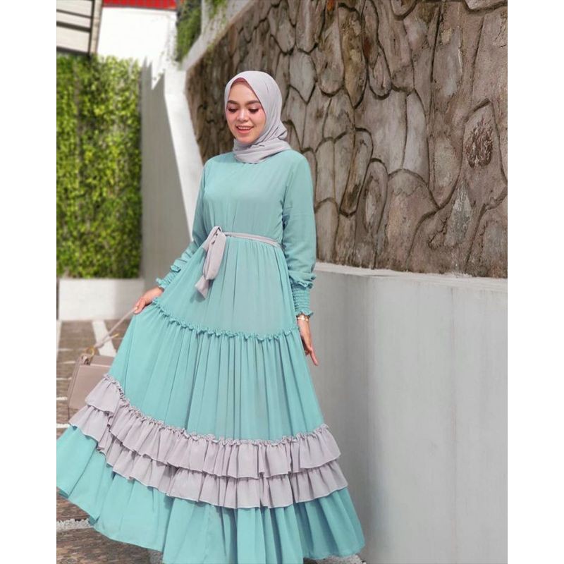MARIA COLLECTION Rayola Long Dress - Gamis Muslim Remaja Dewasa Busui Style Elegan Bahan Jersey Lemonskin All Size-biru wardah