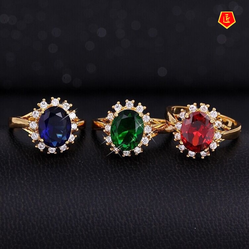 [Ready Stock]Retro Emerald Gold Ring Stylish and Elegant