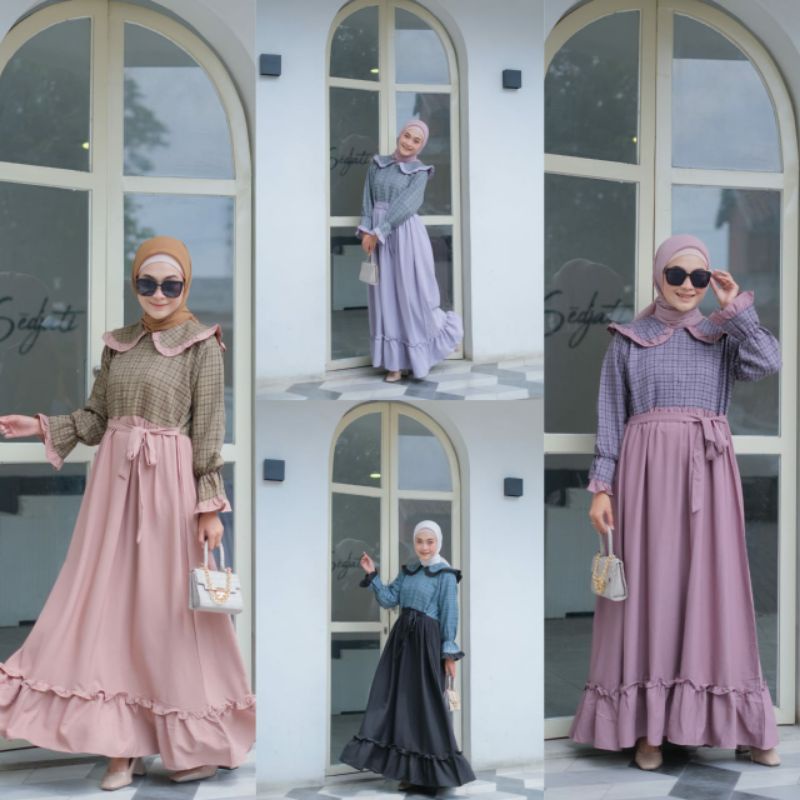Korean Dress New Motif Gamis kekinian by Mumtaz motif kotak mix polos