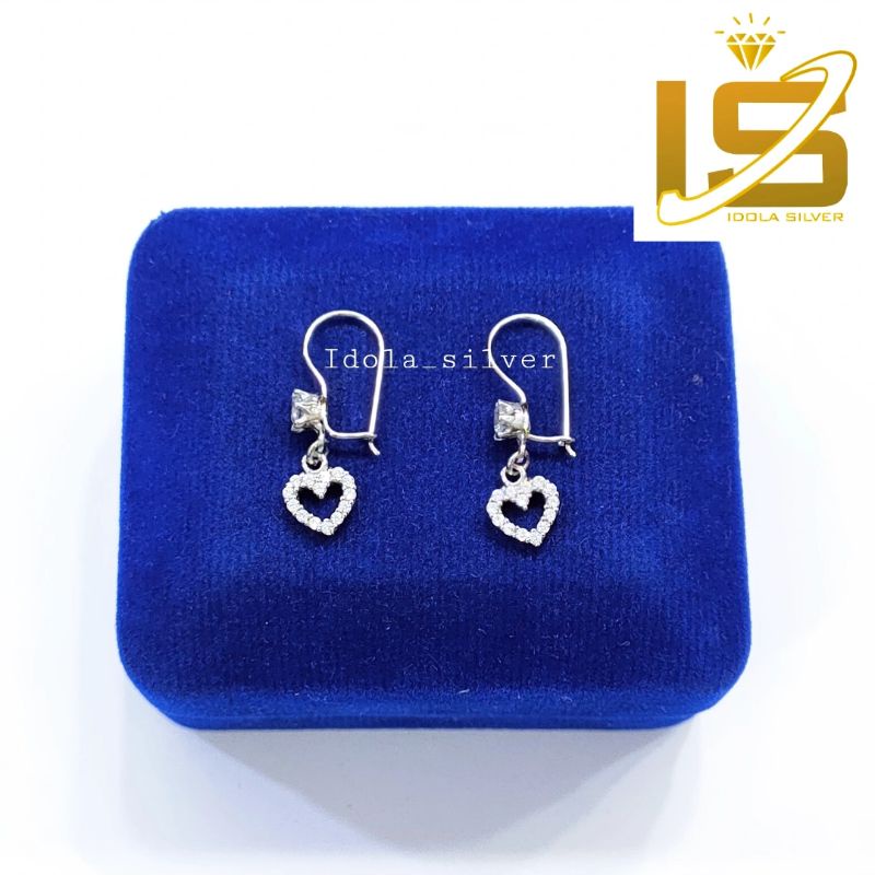 ANTING PERAK ASLI SILVER 925 LAPIS EMAS MODEL KAIT GANTUNGAN LOVE PERMATA - PERHIASAN PERAK WANITA