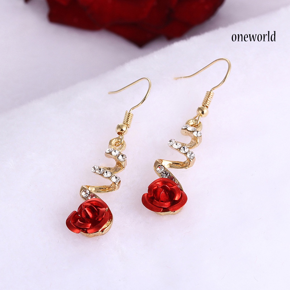 OW@ Women Fashion Red Rose Drop Rhinestone Spiral Dangle Hook Earrings Jewelry Gift