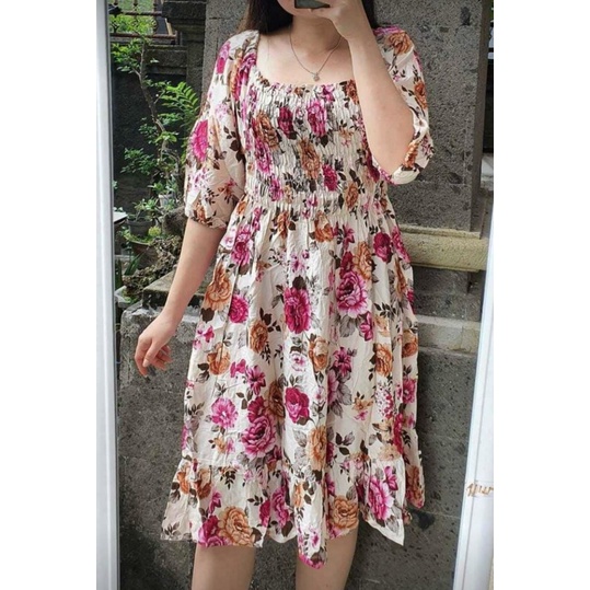 dress sabrina lengan/daster sabrina smok lengan/daster kerut dada