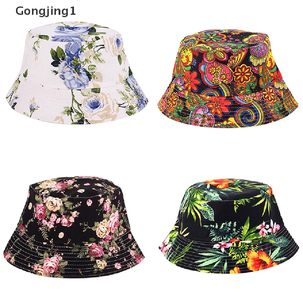 Gongjing1 Topi Bucket Pria / Wanita Motif Bunga Untuk Hunting / Memancing / Outdoor