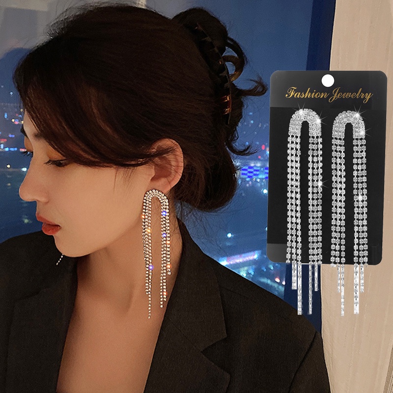 1 Pasang Anting Rumbai Panjang Hias Berlian Imitasi Gaya Korea Untuk Wanita