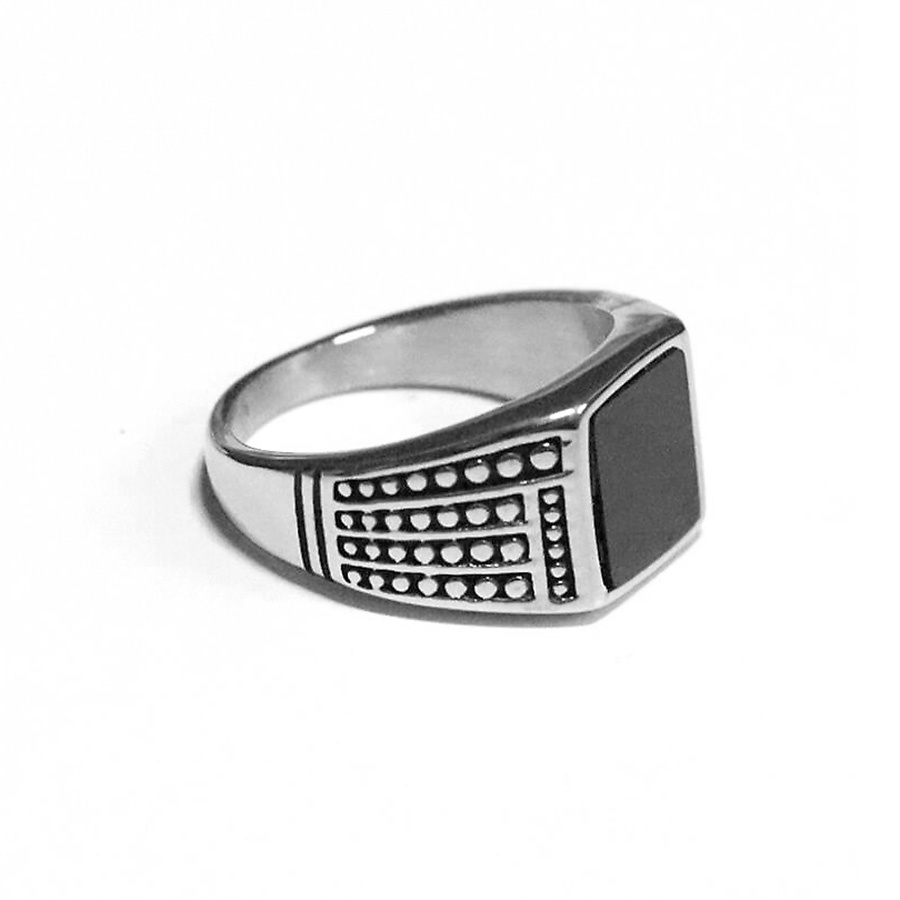 Black Agate Vintage Silver Titanium Steel Gemstone Crystal Men Punk Fashion Jewelry Finger Rings