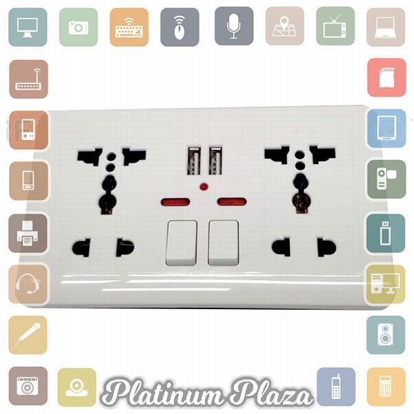 Wallpad Stop Kontak Universal UK EU US 2 Slot with 2 USB On/Off Switch - LC-86 - White`R13BMS-