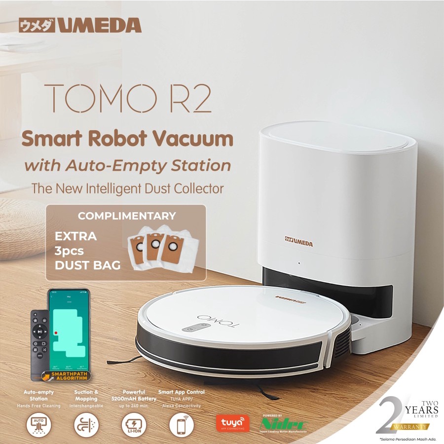 Umeda Tomo R2 Robot Vacuum Cleaner Sapu Pel + Auto Empty Station Garansi Resmi Umeda Indonesia