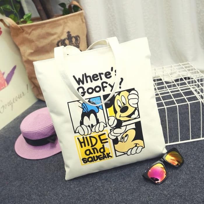Tas Tote Bag Kanvas Tebal Fashion Korea Karikatur - Goofey