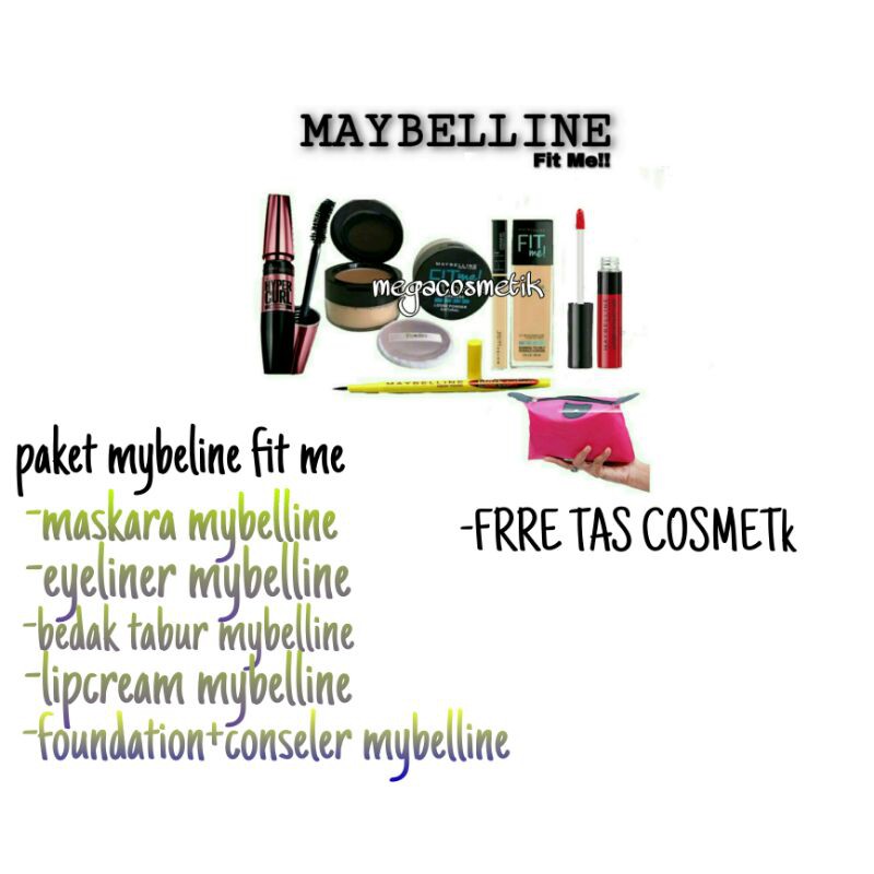 PAKET MAYBELINE FIT ME FREE TAS [ MAskara,eyeliner,bdk tabur,lip maybline 6092,foundation+conseler]