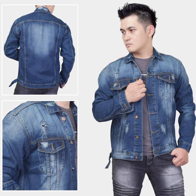 Fashion Pria//Jaket Jeans Denim Slim Fit Model Sobek Original//Jaket Pria