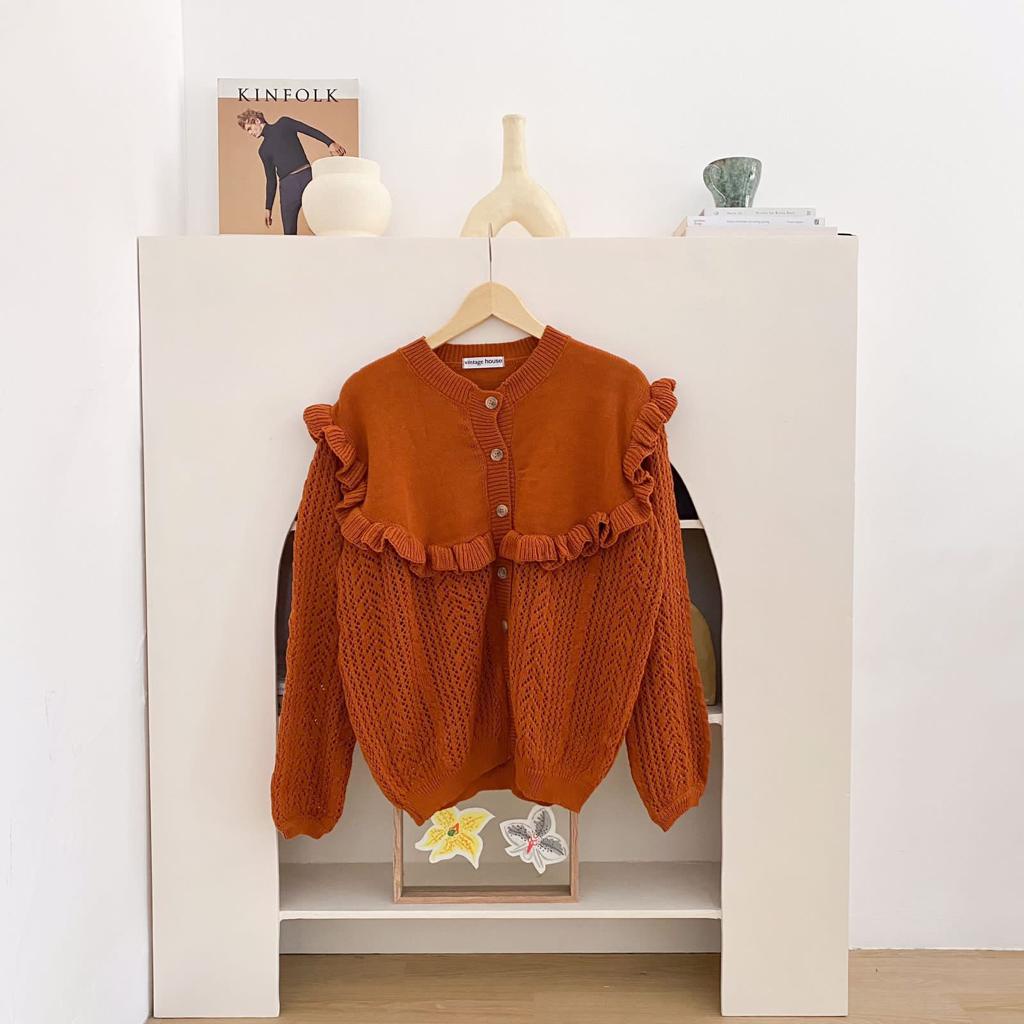 Vintage House Jisoo Korean Knit Cardi (Cardigan Rajut Wanita Korea)-Pumpkin Orange