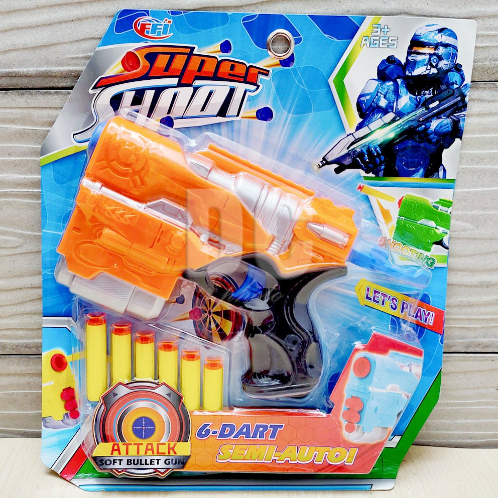 Super Shoot 6 Dart Semi Auto Mainan Blaster Gun Nerf Dart Tembak Peluru Gabus