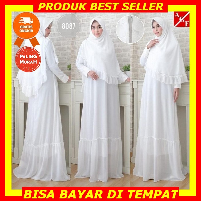 Baju Pesta Wanita Muslim Kondangan Brukat Mewah Elegan Gaun Muslimah Terbaru 2021 2022 Maxy Jihan Lebaran Bahan Brokat Import Mewah Baju Gamis Putih Wanita / Baju Umroh / Gamis Syari / Syari Pesta #8087 - Putih, L